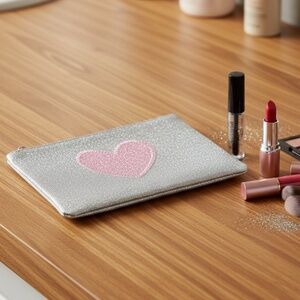 Pink Heart Glitter Faux Leather Zipper Pouch, Handmade Lined Cosmetic Bag